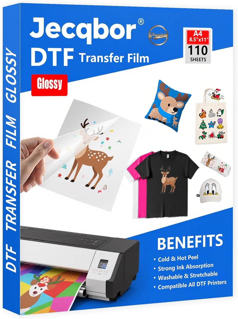 Jecqbor DTF Transfer Film Paper for All DTF Printer, Dark Fabric(110 Sheets,8.5x11") Photo Direct to Film Transfer Paper Sheets, Clear PET Heat Transfer Printable Paper for DIY Custom Logo T-Shirts Textile - Image 1